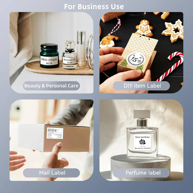Product-label examples on personal-care containers, a handmade gift, a parcel and a perfume bottle