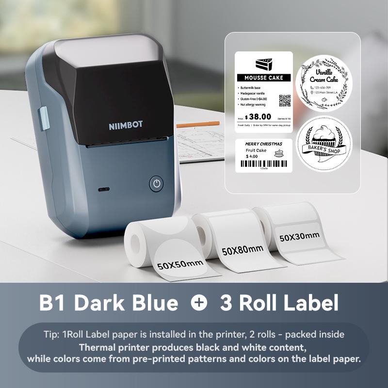 Lake Blue B1 printer and three label rolls in 50 by 30, 50 by 50 and 50 by 80 millimeter sizes