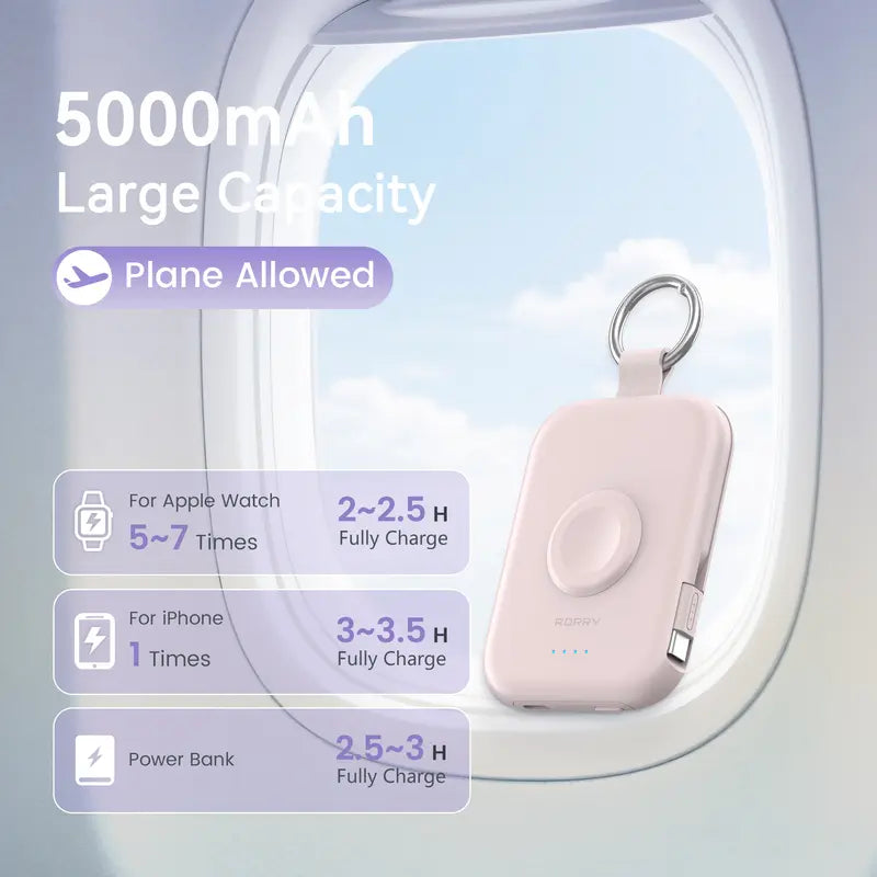 5000mAh Portable Charger with Built-in Cables and Keychain for Smartwatch and Phone