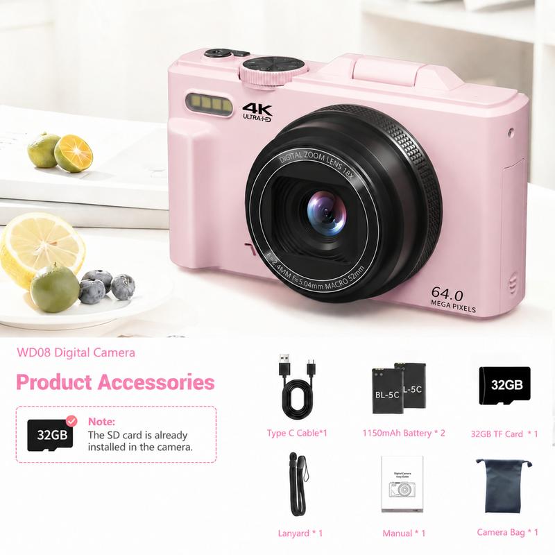 4K Digital Camera with 64MP Resolution, 180° Flip Screen, and 18X Zoom