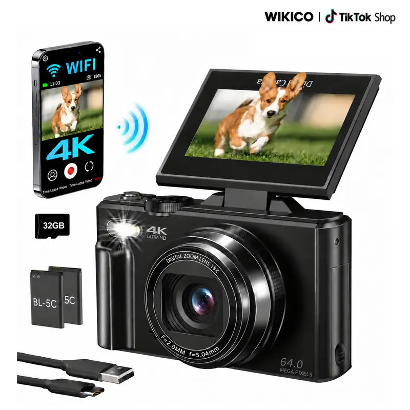4K Digital Camera with 64MP Resolution, 180° Flip Screen, and 18X Zoom