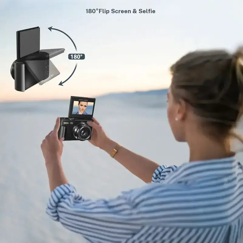 4K Digital Camera with 64MP Resolution, 180° Flip Screen, and 18X Zoom