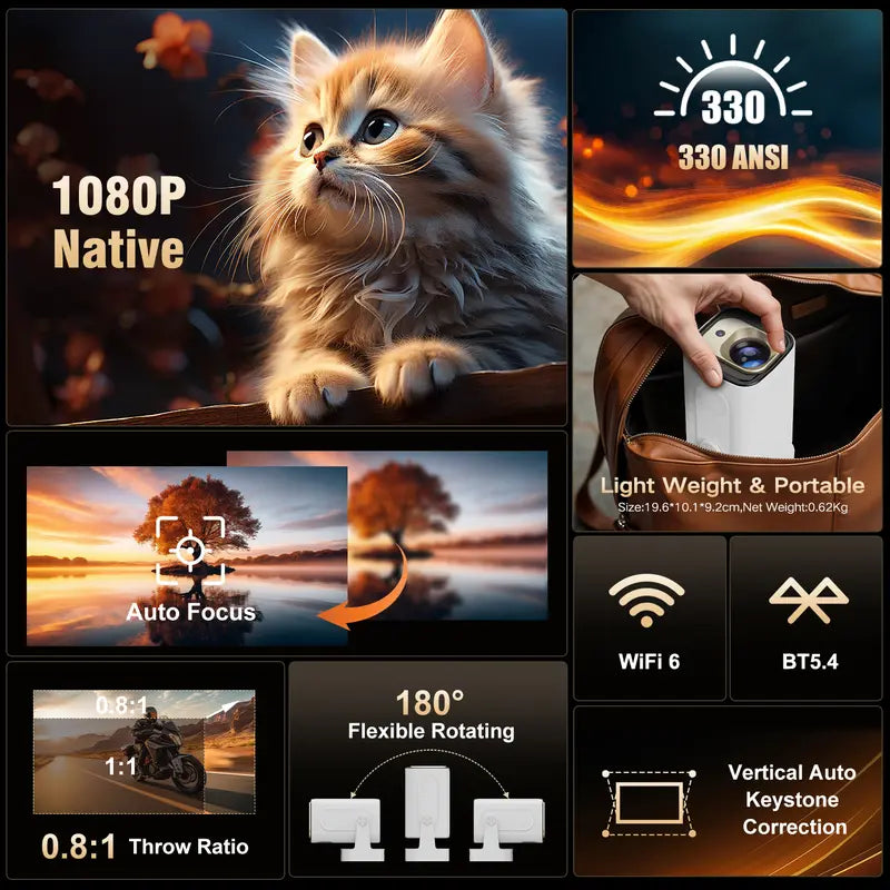 Auto Focus Native 1080P Projector, 330ANSI 8K Decode Smart Home Cinema with WiFi 6 & BT 5.4