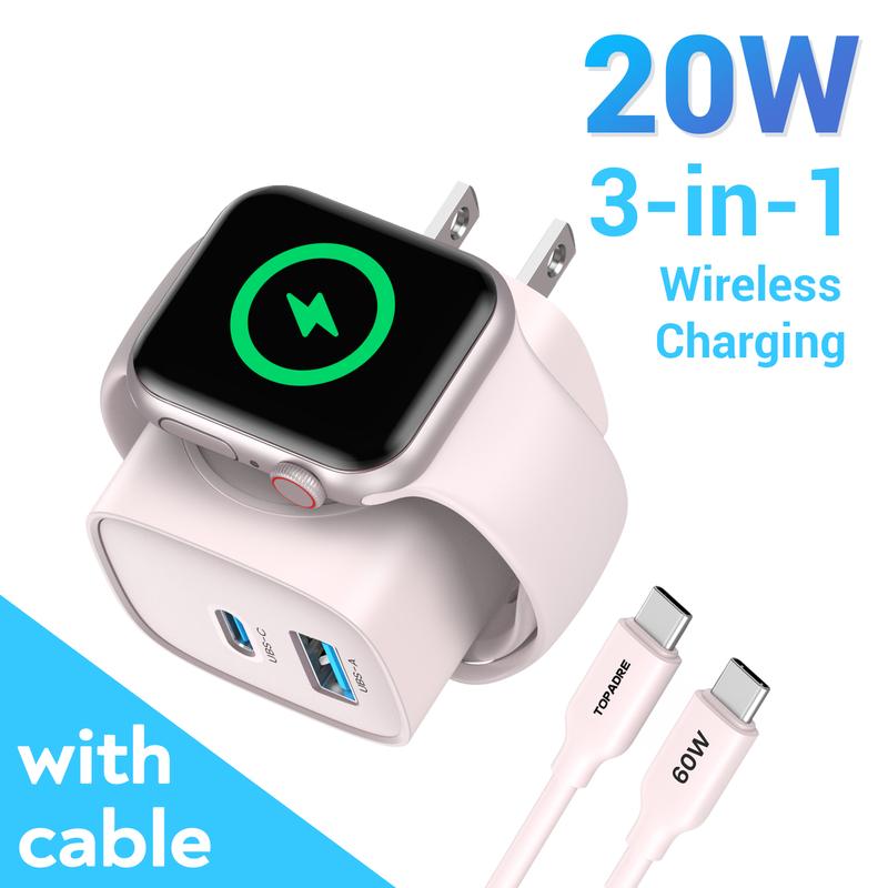 3-in-1 20W Fast Charging Block with Integrated Magnetic Wireless Charger for Smartwatches and Phones