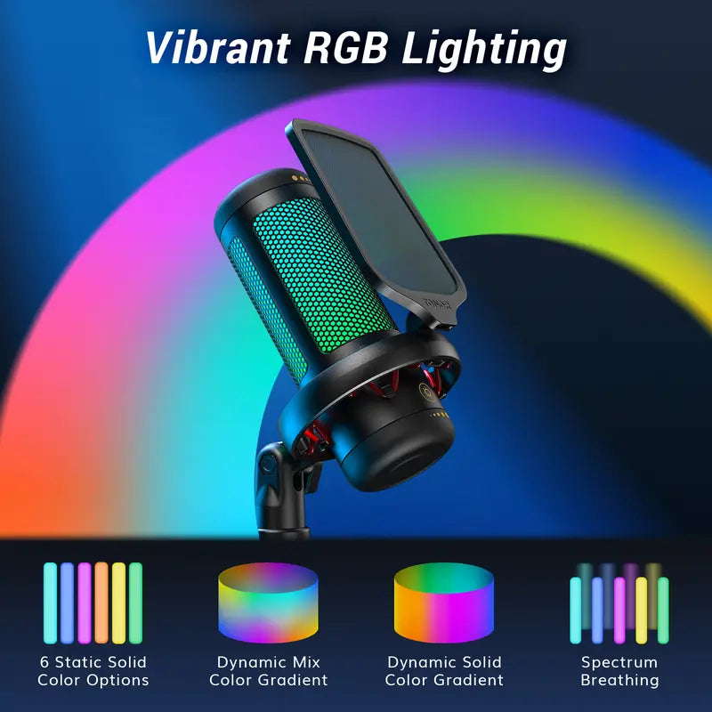 USB Condenser Streaming Gaming Microphone for PC, PS4/PS5 - RGB Lighting, 1-Tap Mute
