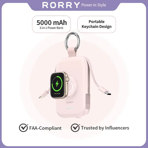 5000mAh Portable Charger with Built-in Cables and Keychain for Smartwatch and Phone
