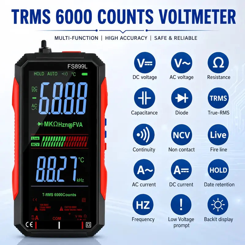 TRMS 6000-Count Digital Multimeter with 4.8-inch Color Display and USB Charging