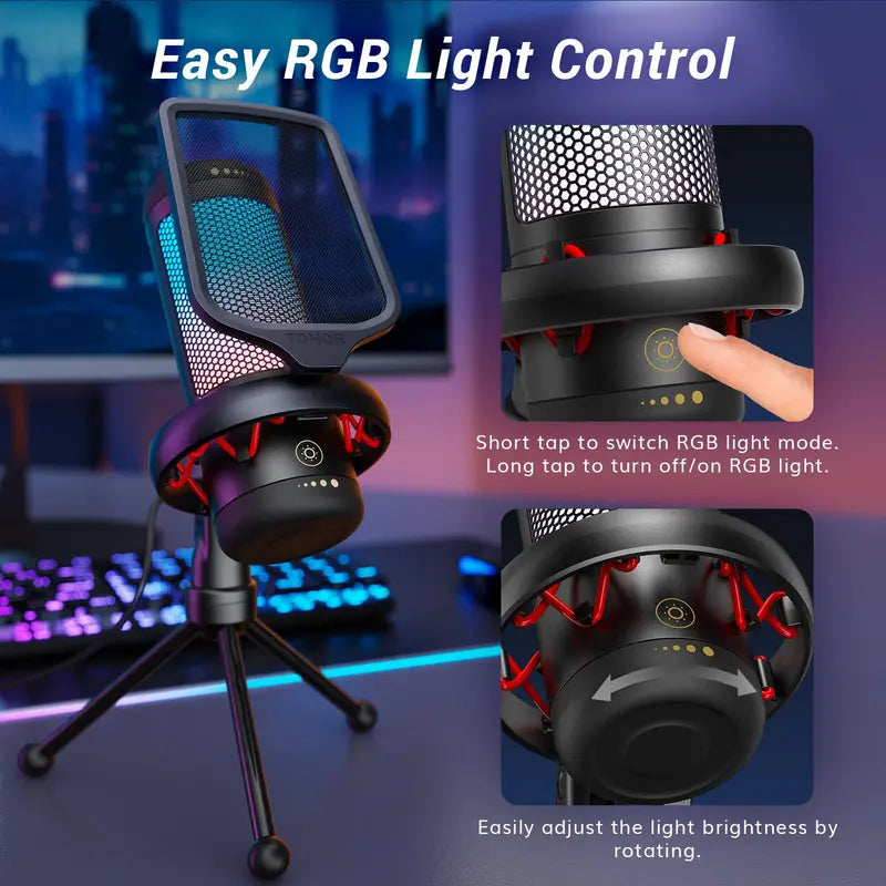 USB Condenser Streaming Gaming Microphone for PC, PS4/PS5 - RGB Lighting, 1-Tap Mute