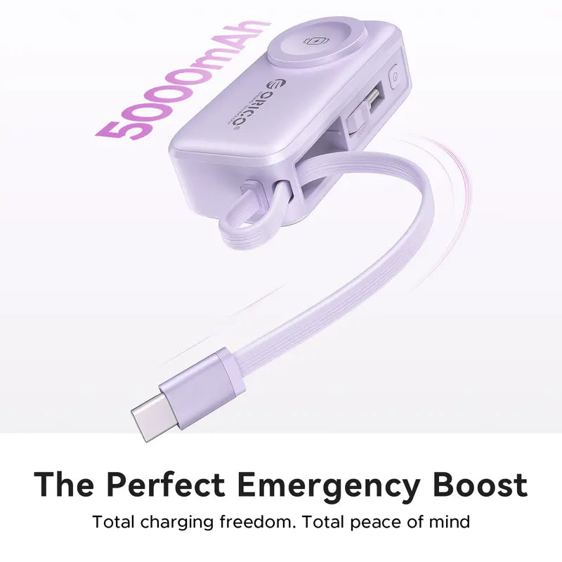 3-in-1 Folding Portable Power Bank with Integrated Cables, Smartwatch Wireless Charging, and Phone Stand