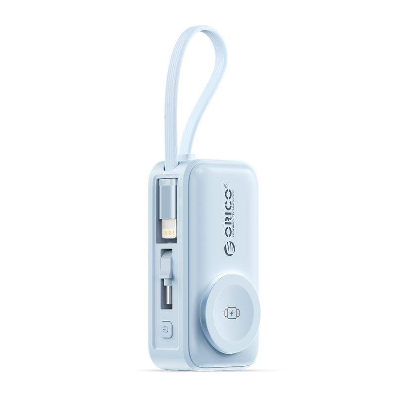 3-in-1 Folding Portable Power Bank with Integrated Cables, Smartwatch Wireless Charging, and Phone Stand