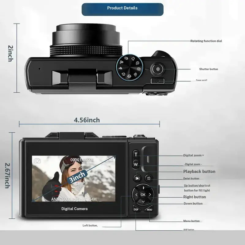 4K Digital Camera with 64MP Resolution, 180° Flip Screen, and 18X Zoom