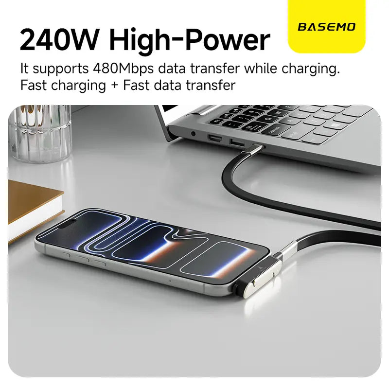 240W High-Speed 2-in-1 Detachable USB-C Power Cable with 360° Rotating Invisible Stand