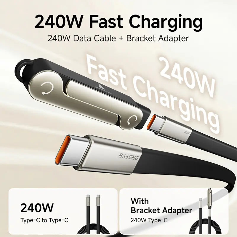 240W High-Speed 2-in-1 Detachable USB-C Power Cable with 360° Rotating Invisible Stand