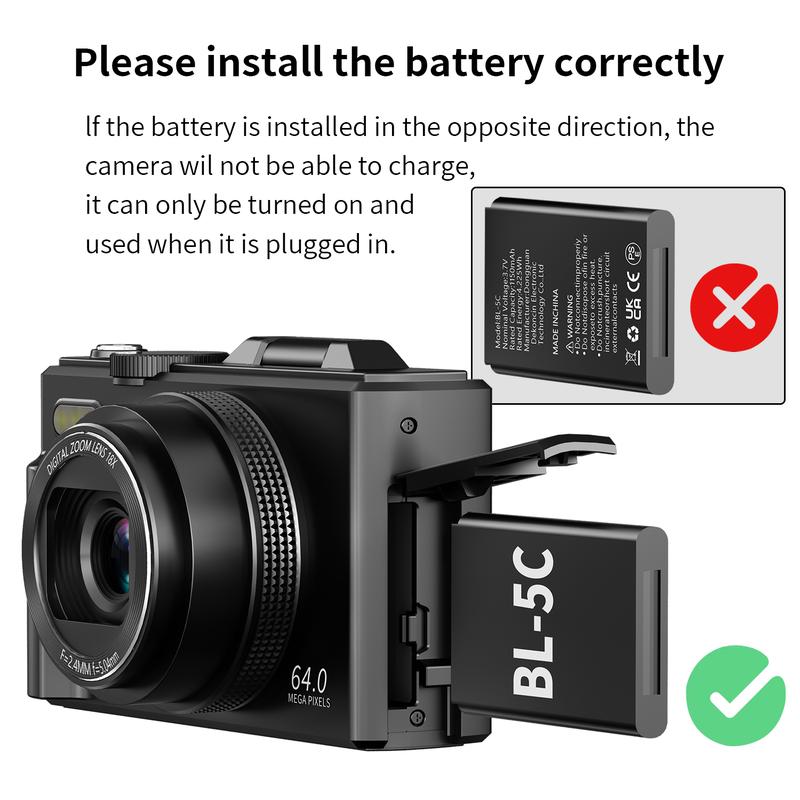 4K Digital Camera with 64MP Resolution, 180° Flip Screen, and 18X Zoom