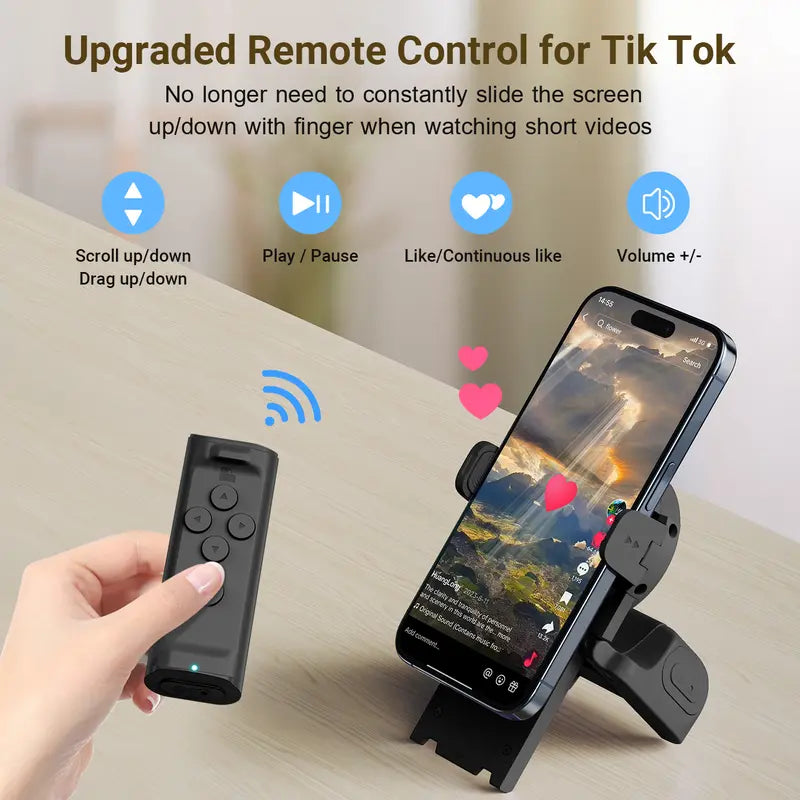 Remote Control for Short-Form Video Scrolling with Smartphone Holder Stand, Wireless Page Turner and Camera Shutter