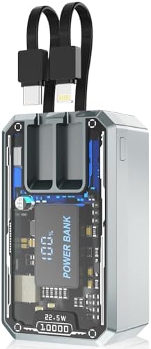 10000mAh Portable Charger 22.5W Fast Charging, Transparent Power Bank with Digital Display