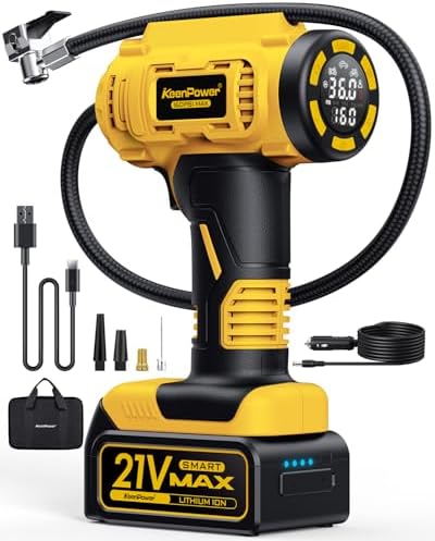 KeenPower Cordless Tire Inflator Portable Air Compressor, 160PSI Car Tire Air Pump, 21V Rechargeable Battery Powered Air Compressor, Dual Power, Larger HD Digital Gauge w/4+N Smart Modes (Yellow)