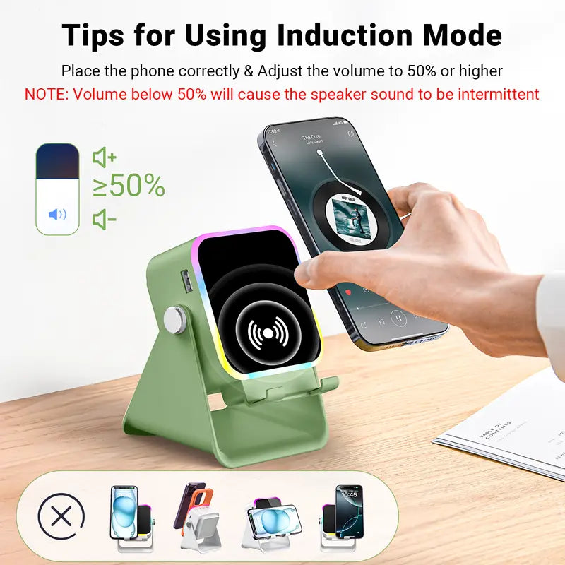 Wireless Induction Audio Speaker Stand with 3500mAh Power Bank and Ambient Light