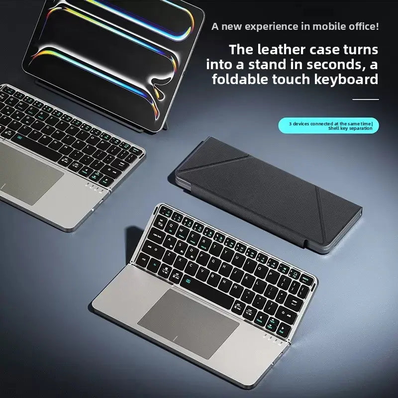 Foldable Bluetooth External Keyboard with Detachable Leather Stand, Compact Ergonomic Design
