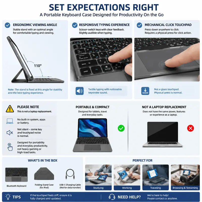 Foldable Bluetooth External Keyboard with Detachable Leather Stand, Compact Ergonomic Design