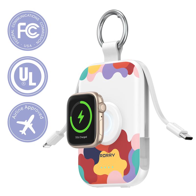 5000mAh Portable Charger with Built-in Cables and Keychain for Smartwatch and Phone