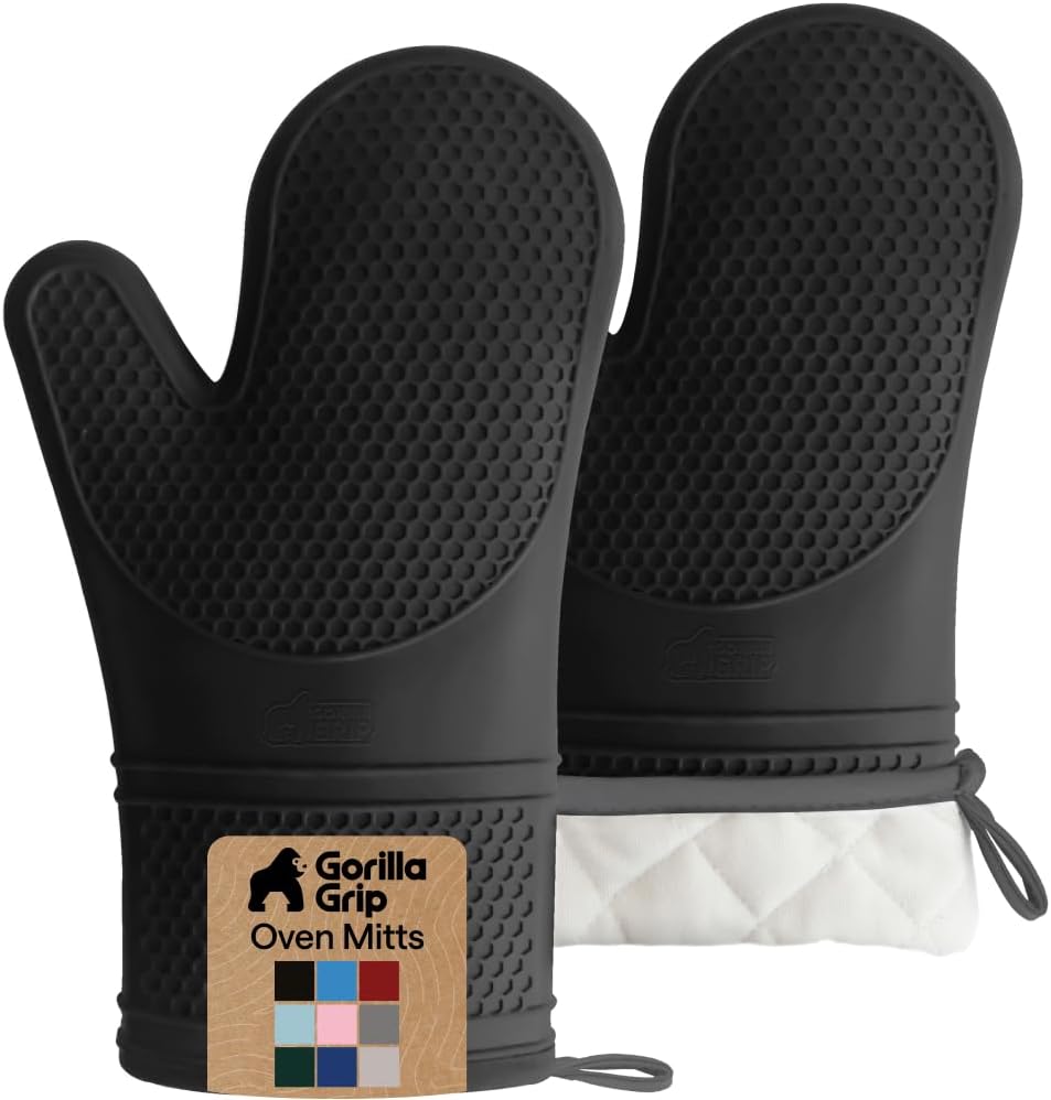 GORILLA GRIP BPA-Free Soft Silicone Oven Mitts, Heat Resistant and Waterproof Cooking Gloves, Thick Cotton Lining, Flexible Gripping for Baking Grilling, Kitchen Potholders Set of 2, 12.5x8.3, Mint