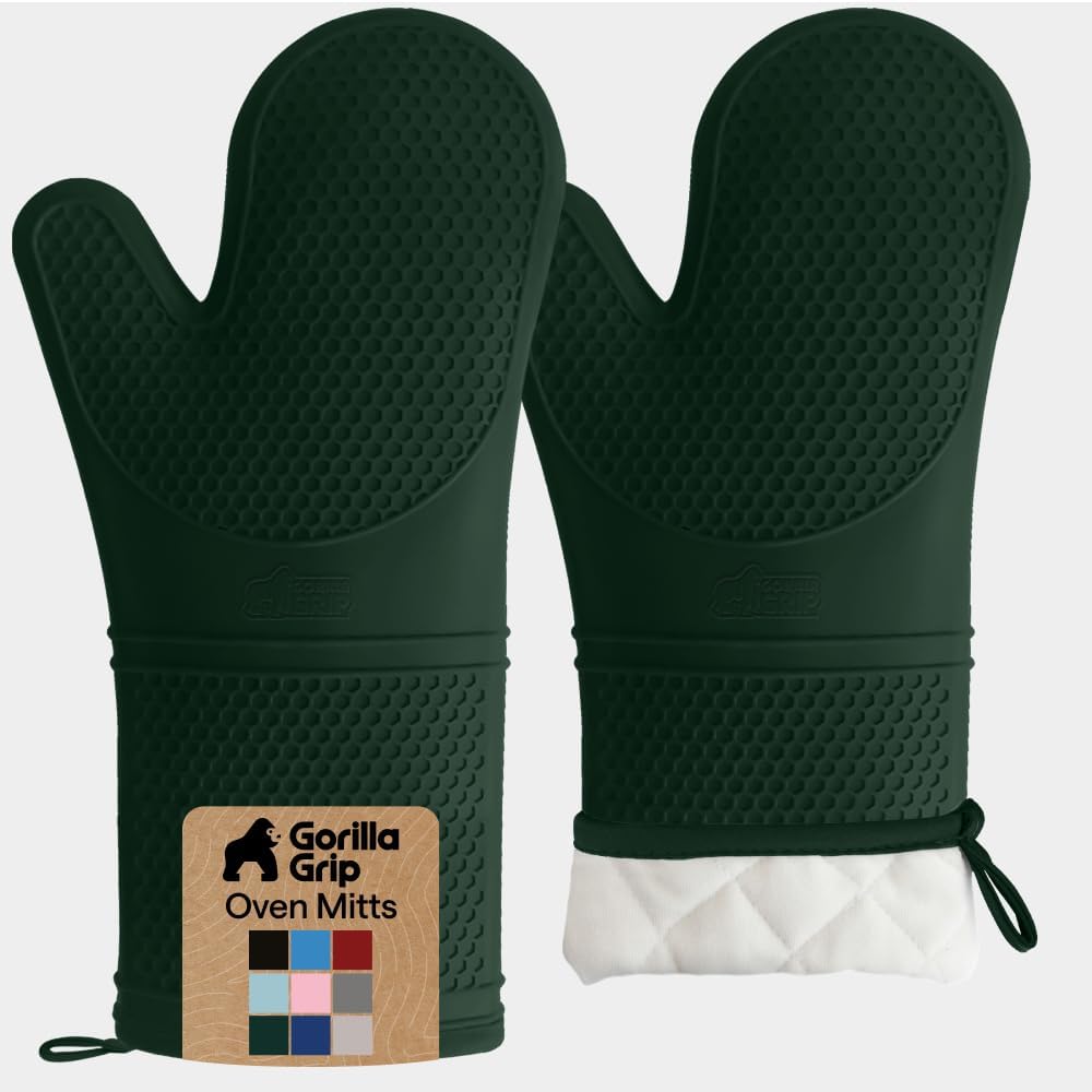 GORILLA GRIP BPA-Free Soft Silicone Oven Mitts, Heat Resistant and Waterproof Cooking Gloves, Thick Cotton Lining, Flexible Gripping for Baking Grilling, Kitchen Potholders Set of 2, 12.5x8.3, Mint