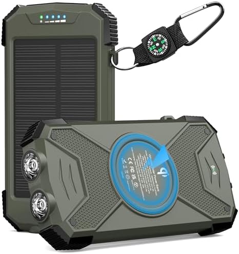 10,000mAh Solar Power Bank with 20W Fast Charging, Wireless Charger, Dual Flashlight for Camping