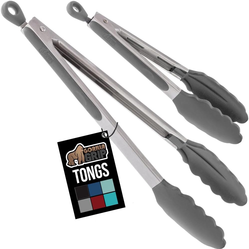 GORILLA GRIP Stainless Steel Heat Resistant Kitchen Tongs for Cooking, 12 + 14 Inch Set of 2 BBQ Tong, Non Scratch Silicone Tip for Pan, Strong Grip, Grab Food, Toss Salad, Air Fryer, Pull Lock, Black