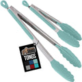 GORILLA GRIP Stainless Steel Heat Resistant Kitchen Tongs for Cooking, 12 + 14 Inch Set of 2 BBQ Tong, Non Scratch Silicone Tip for Pan, Strong Grip, Grab Food, Toss Salad, Air Fryer, Pull Lock, Black