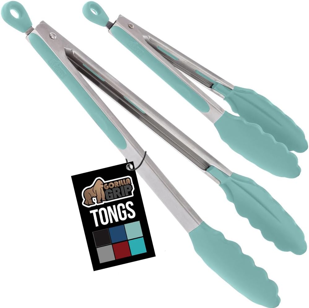 GORILLA GRIP Stainless Steel Heat Resistant Kitchen Tongs for Cooking, 12 + 14 Inch Set of 2 BBQ Tong, Non Scratch Silicone Tip for Pan, Strong Grip, Grab Food, Toss Salad, Air Fryer, Pull Lock, Black