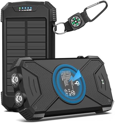 10,000mAh Solar Power Bank with 20W Fast Charging, Wireless Charger, Dual Flashlight for Camping
