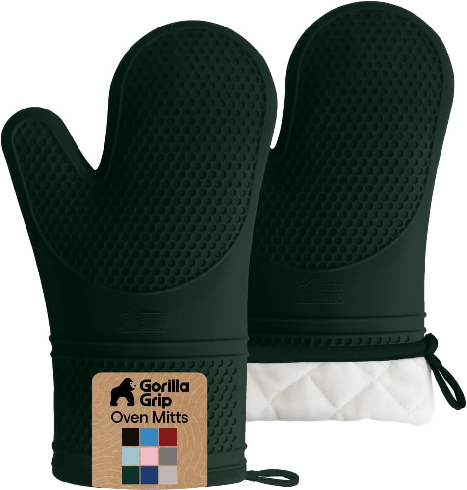 GORILLA GRIP BPA-Free Soft Silicone Oven Mitts, Heat Resistant and Waterproof Cooking Gloves, Thick Cotton Lining, Flexible Gripping for Baking Grilling, Kitchen Potholders Set of 2, 12.5x8.3, Mint
