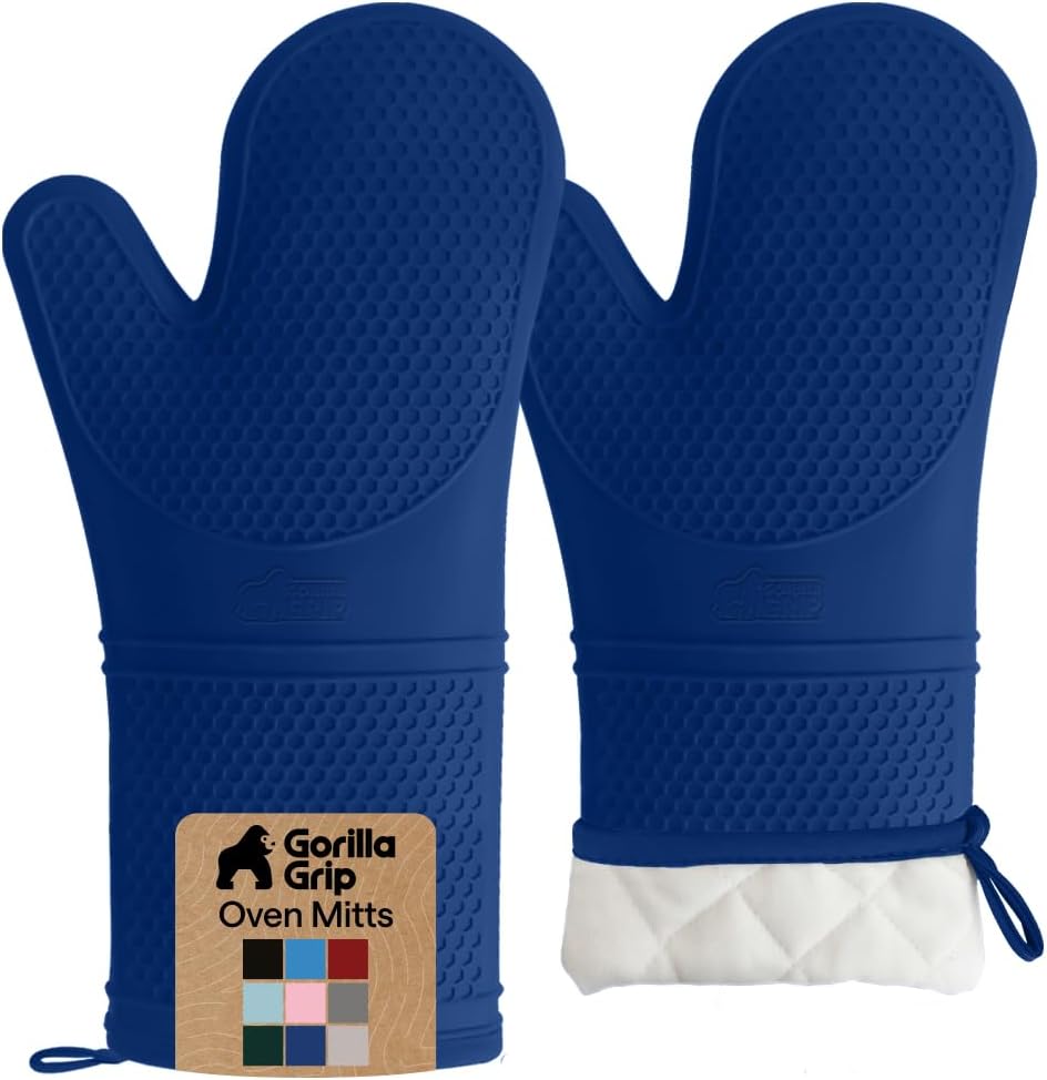 GORILLA GRIP BPA-Free Soft Silicone Oven Mitts, Heat Resistant and Waterproof Cooking Gloves, Thick Cotton Lining, Flexible Gripping for Baking Grilling, Kitchen Potholders Set of 2, 12.5x8.3, Mint