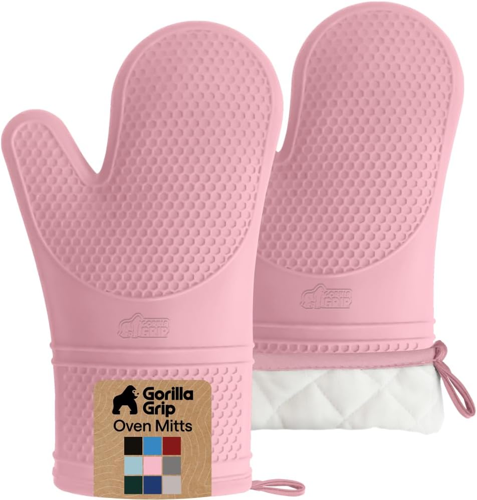 GORILLA GRIP BPA-Free Soft Silicone Oven Mitts, Heat Resistant and Waterproof Cooking Gloves, Thick Cotton Lining, Flexible Gripping for Baking Grilling, Kitchen Potholders Set of 2, 12.5x8.3, Mint