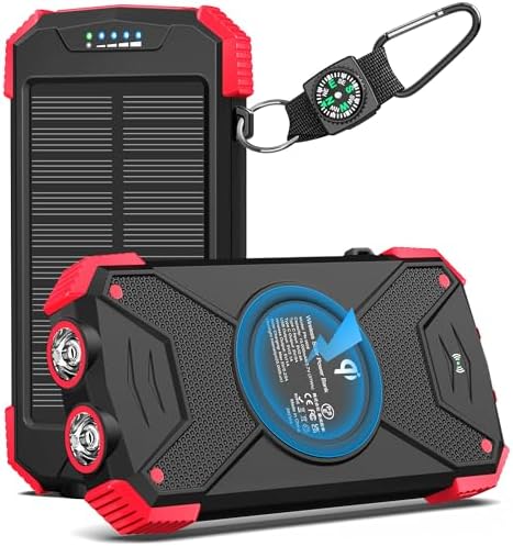 10,000mAh Solar Power Bank with 20W Fast Charging, Wireless Charger, Dual Flashlight for Camping