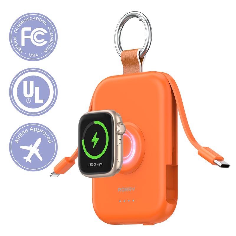5000mAh Portable Charger with Built-in Cables and Keychain for Smartwatch and Phone