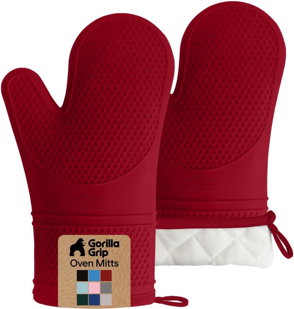 GORILLA GRIP BPA-Free Soft Silicone Oven Mitts, Heat Resistant and Waterproof Cooking Gloves, Thick Cotton Lining, Flexible Gripping for Baking Grilling, Kitchen Potholders Set of 2, 12.5x8.3, Mint