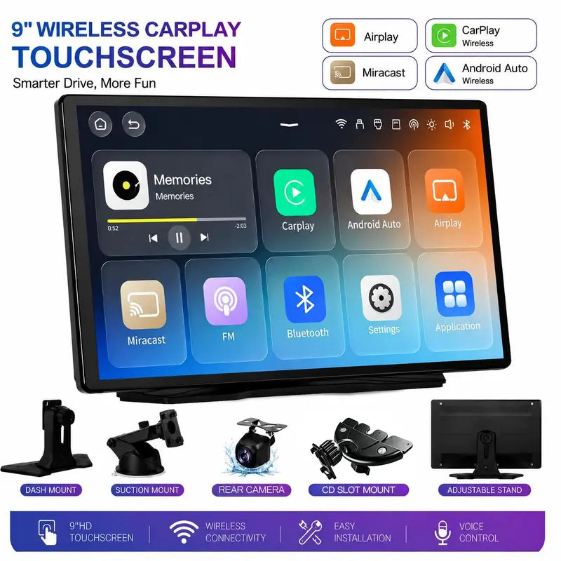 2026 9-Inch Wireless Portable Vehicle Touchscreen with GPS Support and Smartphone Integration