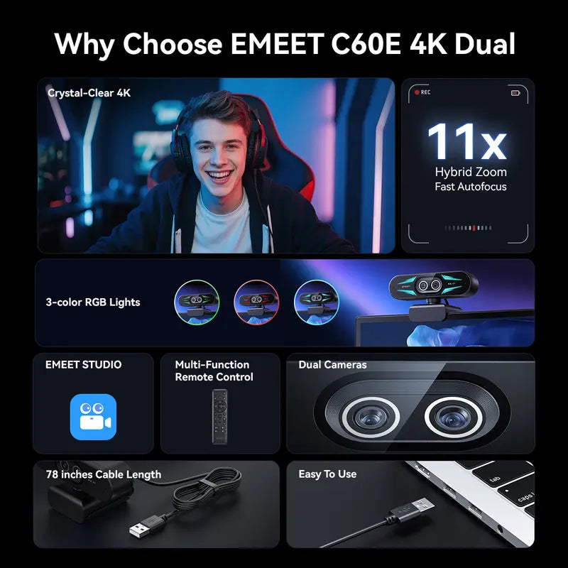 4K Dual Cam Webcam with Remote, RGB Light, 11x Zoom, Auto Focus, USB Microphone & Privacy Cover