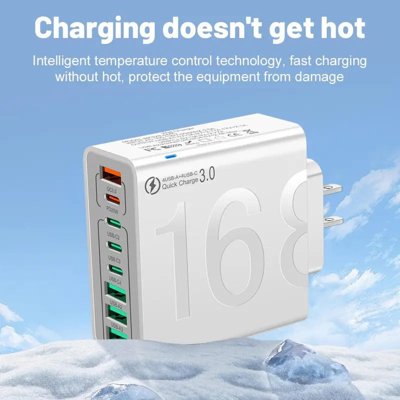 8-Port USB Fast Charging Hub - 4 USB-C & 4 USB-A Multi-Device Power Adapter