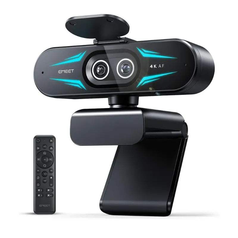 4K Dual Cam Webcam with Remote, RGB Light, 11x Zoom, Auto Focus, USB Microphone & Privacy Cover