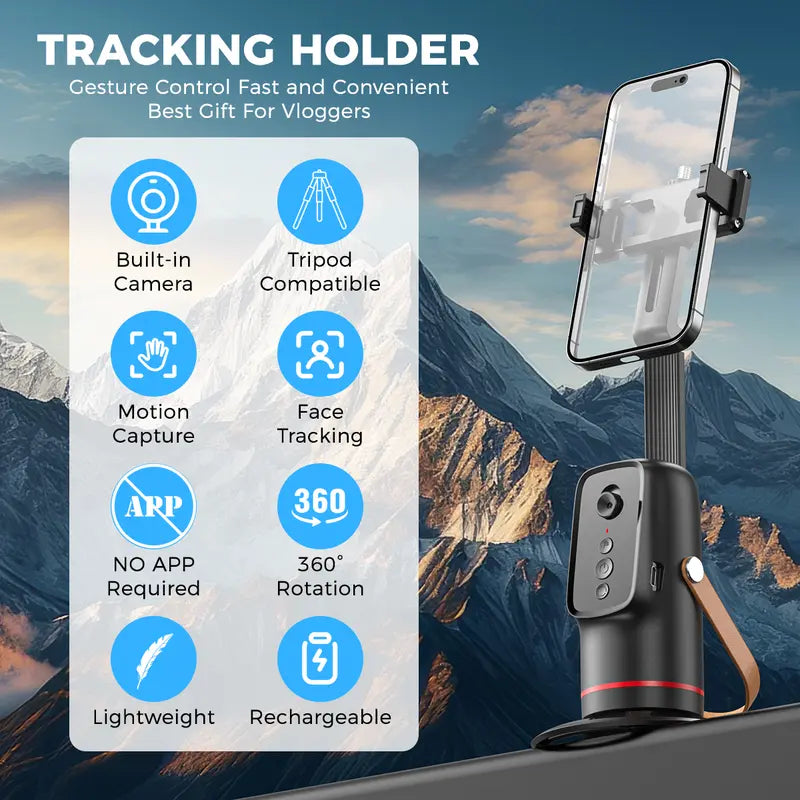 Auto Face Tracking Tripod with Gesture Control, 360° Rotation Smart Phone Mount for Live Streaming
