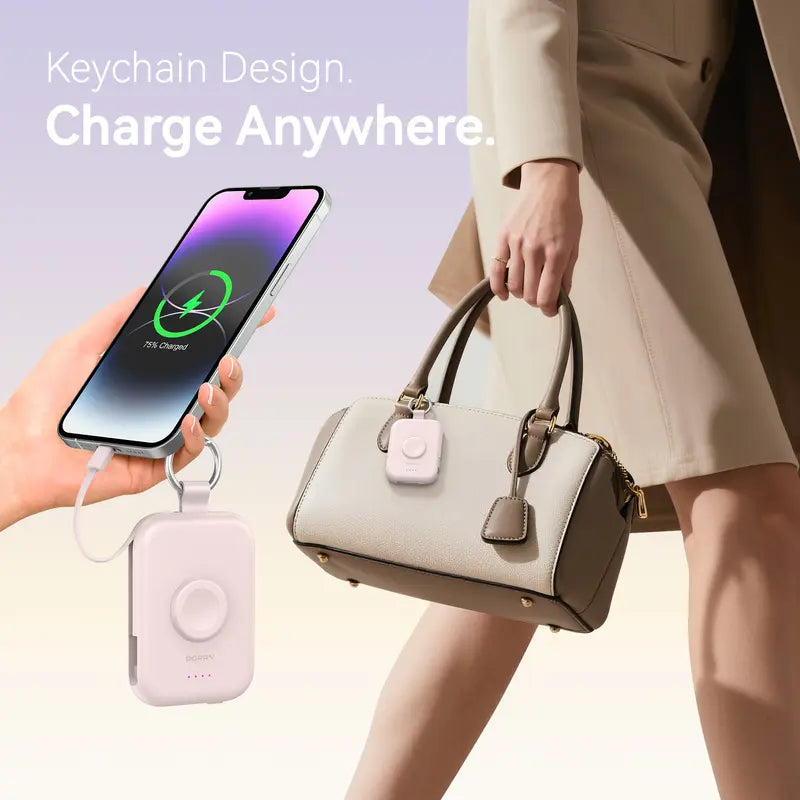 5000mAh Portable Charger with Built-in Cables and Keychain for Smartwatch and Phone