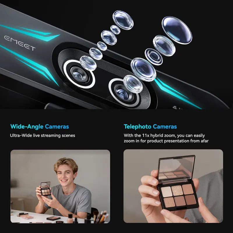 4K Dual Cam Webcam with Remote, RGB Light, 11x Zoom, Auto Focus, USB Microphone & Privacy Cover
