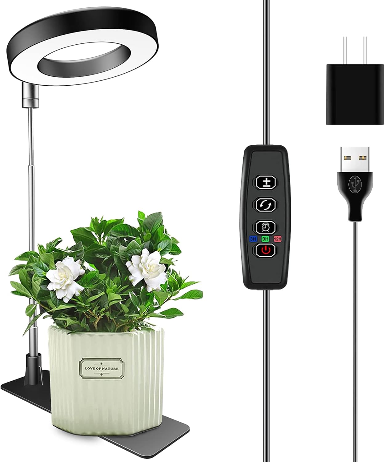 Plant Grow Light, 48 LEDs Full Spectrum Grow Lights for Indoor Plants, Height Adjustable Small Halo Grow Light with Base, 3 Optional Spectrums, Auto Timer 3/9/12Hrs, 10 Brightness, 3 Pack