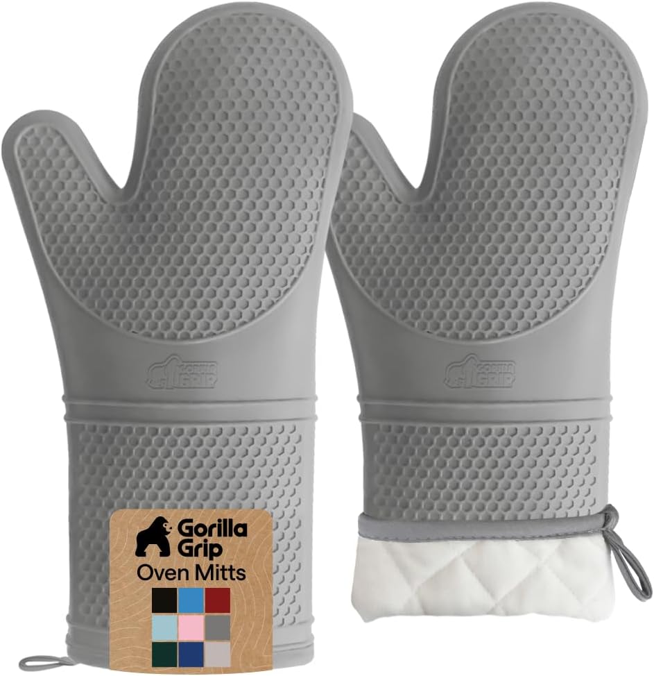 GORILLA GRIP BPA-Free Soft Silicone Oven Mitts, Heat Resistant and Waterproof Cooking Gloves, Thick Cotton Lining, Flexible Gripping for Baking Grilling, Kitchen Potholders Set of 2, 12.5x8.3, Mint