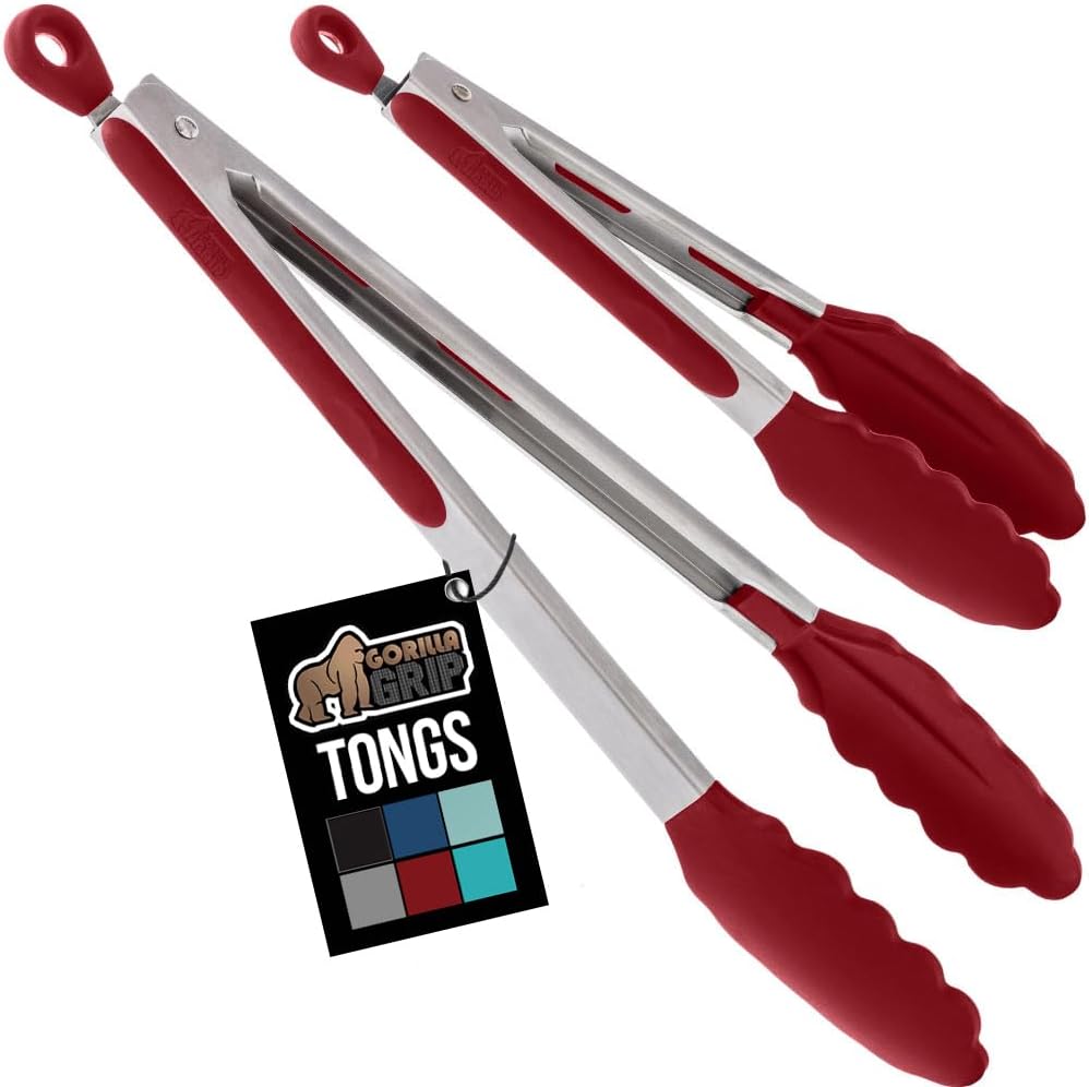 GORILLA GRIP Stainless Steel Heat Resistant Kitchen Tongs for Cooking, 12 + 14 Inch Set of 2 BBQ Tong, Non Scratch Silicone Tip for Pan, Strong Grip, Grab Food, Toss Salad, Air Fryer, Pull Lock, Black