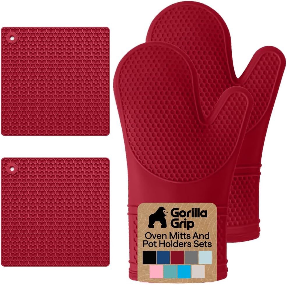 GORILLA GRIP BPA-Free Soft Silicone Oven Mitts, Heat Resistant and Waterproof Cooking Gloves, Thick Cotton Lining, Flexible Gripping for Baking Grilling, Kitchen Potholders Set of 2, 12.5x8.3, Mint