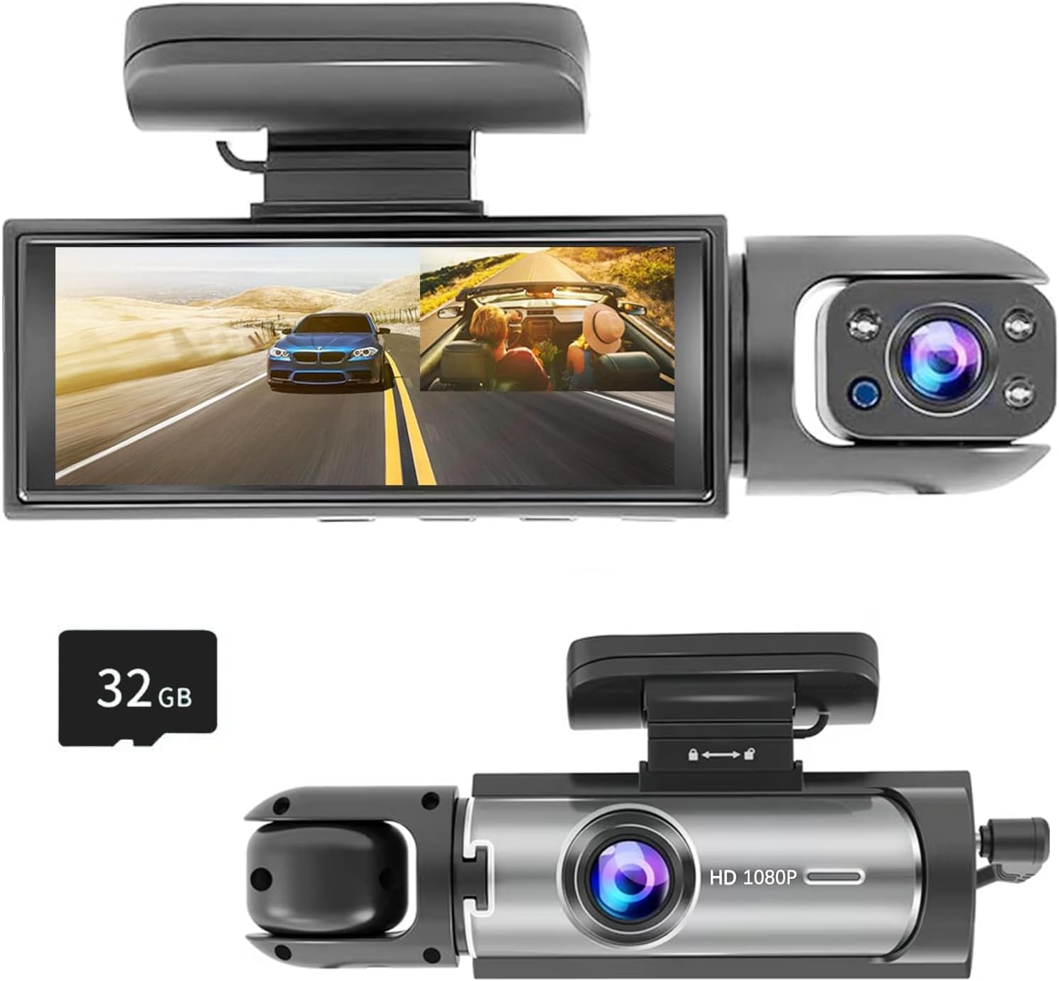 1080P Dual Dash Cam with IR Night Vision, Loop Recording, 150° Wide Angle, 3.16" IPS Screen
